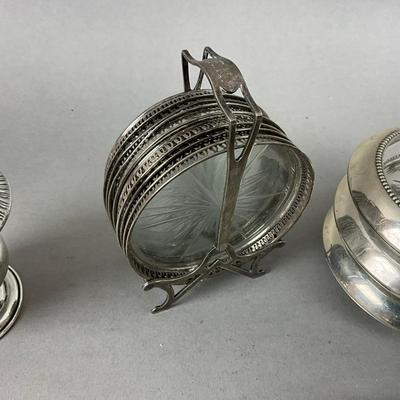 K631 Set Of Sterling Silver Glass Coasters Set With Toothpick Holder