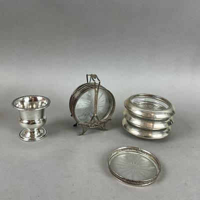 K631 Set Of Sterling Silver Glass Coasters Set With Toothpick Holder