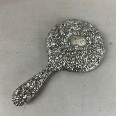 K641 Antique Sterling Silver Repousse Ladies Hand Mirror