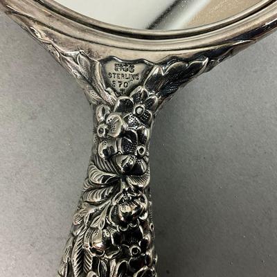 K641 Antique Sterling Silver Repousse Ladies Hand Mirror