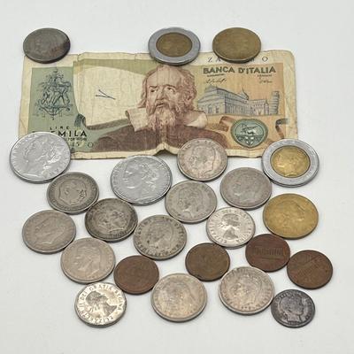 LOT 416: 1982 US Coin Proof Set, Miscellaneous Coins, Malachite Money Clip and Italian Paper Currency