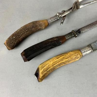 D648 Antique Three Piece Stag Handle Silver Mouted Carving Set