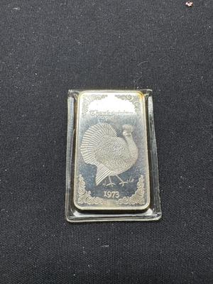 VINTAGE 1973 THANKSGIVING COLUMBUS MINT .999 FINE SILVER BAR