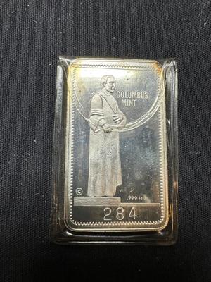 VINTAGE 1973 THANKSGIVING COLUMBUS MINT .999 FINE SILVER BAR