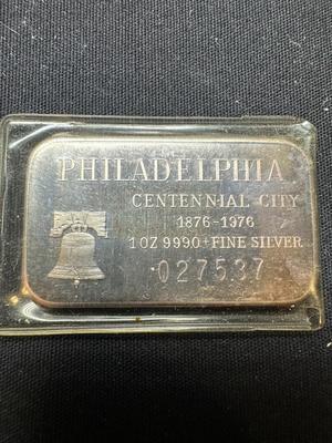 1976 PHILADELPHIA CENTENNIAL CITY 1 OUNCE .999 FINE SILVER BAR