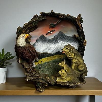 Sale Photo Thumbnail #501: Vintage 3D Eagle and Wolves Artwork Plate with Mountains
Approx. 8" in diameter