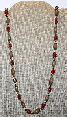 Oval Bright RED Beveled Beads Wrap-Around NECKLACE Intertwined with Wooden Beads and a Lobster Clasp 30" L