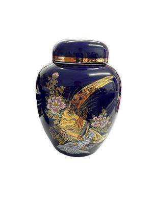 Sale Photo Thumbnail #549: Blue Interpur Lidded Jar made in Japan, no chips, approx. 5" tall