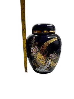 Sale Photo Thumbnail #550: Blue Interpur Lidded Jar made in Japan, no chips, approx. 5" tall