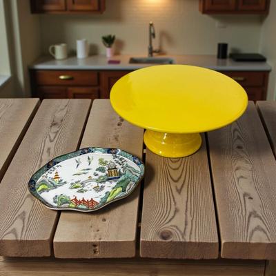 Sale Photo Thumbnail #615: Yellow Cake Stand & Small Ceramic Dish