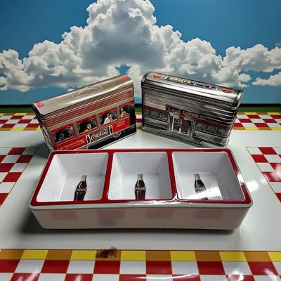 Sale Photo Thumbnail #629: Coca Cola Lot of 3 Pieces- 2 Tins & Divided Dish