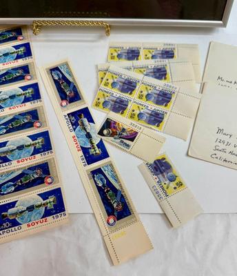 Sale Photo Thumbnail #476: Framed color photo, Apollo-Soyuz Stamps, and more.