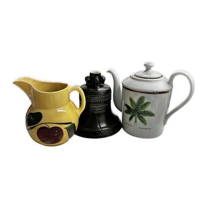Sale Photo Thumbnail #638: Lot of 3 Pitcher (Stained, fair condition), Teapot (Palm Island, no chips) and Whiskey Container by Michter's Jug House