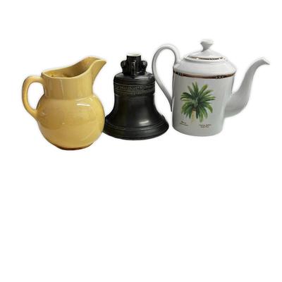 Sale Photo Thumbnail #642: Lot of 3 Pitcher (Stained, fair condition), Teapot (Palm Island, no chips) and Whiskey Container by Michter's Jug House