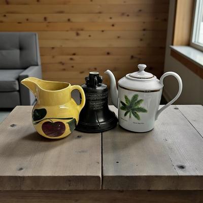 Sale Photo Thumbnail #637: Lot of 3 Pitcher (Stained, fair condition), Teapot (Palm Island, no chips) and Whiskey Container by Michter's Jug House