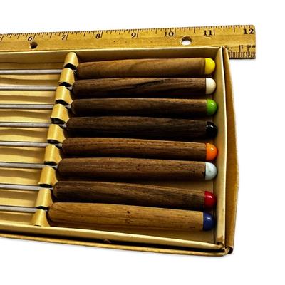 Sale Photo Thumbnail #671: Box of 8 Stainless Steel Vintage Fondue Forks w Colored Tips