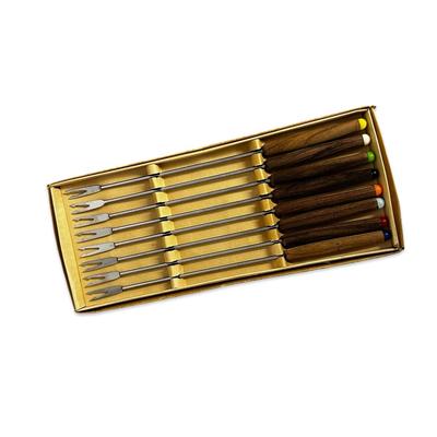 Sale Photo Thumbnail #669: Box of 8 Stainless Steel Vintage Fondue Forks w Colored Tips