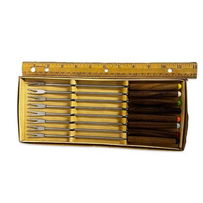 Sale Photo Thumbnail #670: Box of 8 Stainless Steel Vintage Fondue Forks w Colored Tips