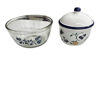 Sale Photo Thumbnail #739: Lot of 2 Glass Bowl and Lidded Jar with Blue Decoration
