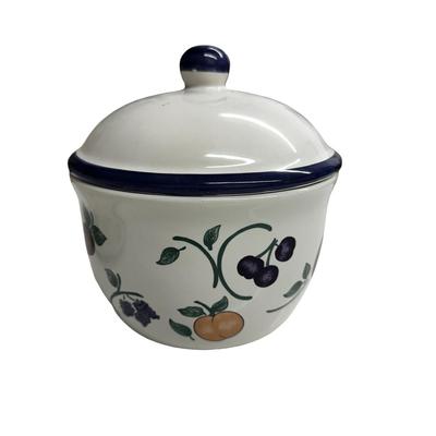 Sale Photo Thumbnail #741: Lot of 2 Glass Bowl and Lidded Jar with Blue Decoration