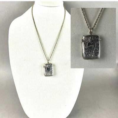 S671 Antique Sterling Filigree Heart Design Match Safe Necklace