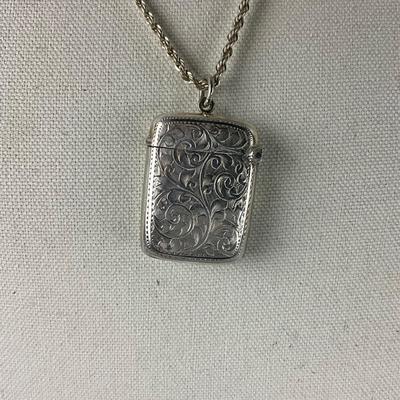 S671 Antique Sterling Filigree Heart Design Match Safe Necklace