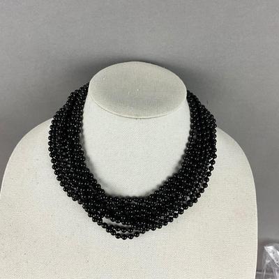 S679 Beautiful Multi Strand Onyx Necklace with 14k Clasp
