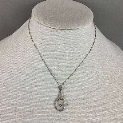 S696 Antique Diamond & Crystal White Gold Filigree Necklace