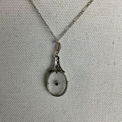 S696 Antique Diamond & Crystal White Gold Filigree Necklace