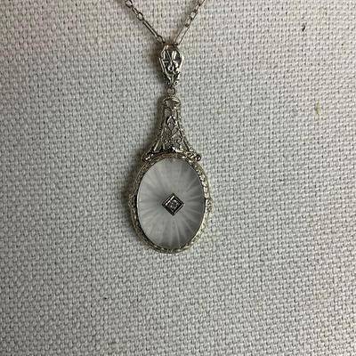 S696 Antique Diamond & Crystal White Gold Filigree Necklace