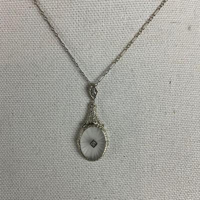 S696 Antique Diamond & Crystal White Gold Filigree Necklace