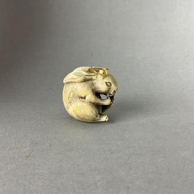 S806 Antique Bone Carved Rabbit Netsuke with Gold Bail