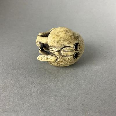 S806 Antique Bone Carved Rabbit Netsuke with Gold Bail