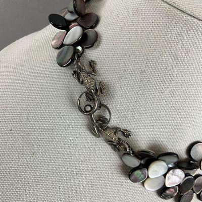 S821 Vintage "Two Blonde Lizards" Black Mother of Pearl Two Strand Necklace