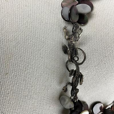 S821 Vintage "Two Blonde Lizards" Black Mother of Pearl Two Strand Necklace