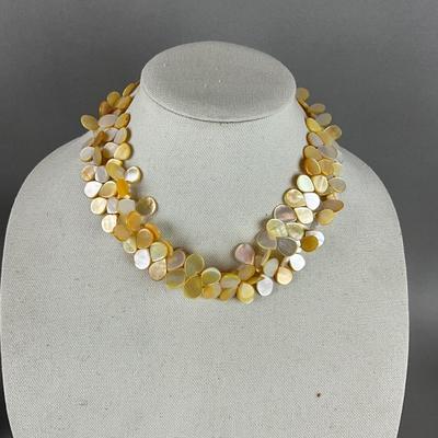 S822 Vintage "Two Blonde Lizards" Yellow Mother of Pearl Necklace