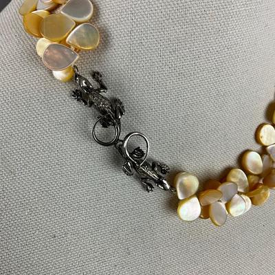 S822 Vintage "Two Blonde Lizards" Yellow Mother of Pearl Necklace