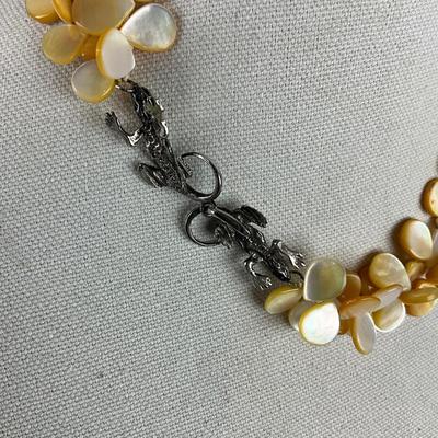 S822 Vintage "Two Blonde Lizards" Yellow Mother of Pearl Necklace