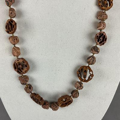 S823 Vintage Miriam Haskell Clay & Walnut Shell Necklace and Earrings
