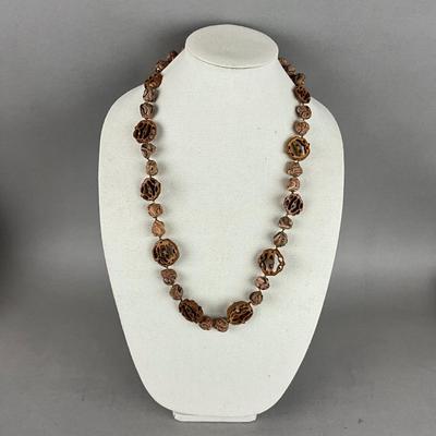 S823 Vintage Miriam Haskell Clay & Walnut Shell Necklace and Earrings