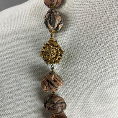 S823 Vintage Miriam Haskell Clay & Walnut Shell Necklace and Earrings