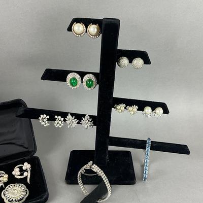S826 Large Lot of Rhinestone Earrings, Bracelets, Brooches
