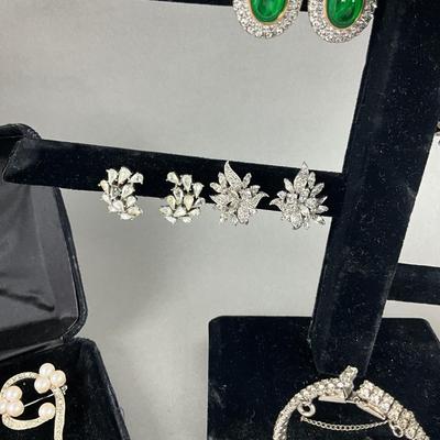 S826 Large Lot of Rhinestone Earrings, Bracelets, Brooches