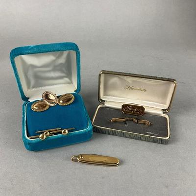 S841 Set of Mens Gold Filled Cuff Link, Tie Bar and Pen knife