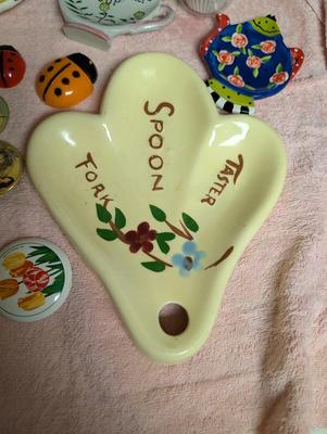 Nice group of Kitchen items including vintage spoon rest.