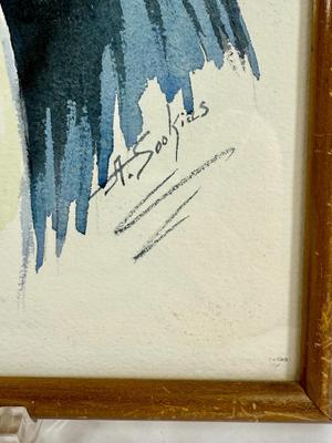 Sale Photo Thumbnail #397: Original watercolor portrait of an elderly man wearing a red fez and traditional attire Middle Eastern attire.  Signed by the artist A. Soo Kiels. Style is similar to Iranian or Turkish portraits.  Good condition, approx. 14" x 10".