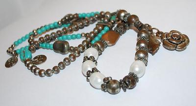 Two Connected BRACELETS (3" Opening) Attached by Oblong Loop and Blue, Brown, Silver Tone & White Beads & Assorted Charms