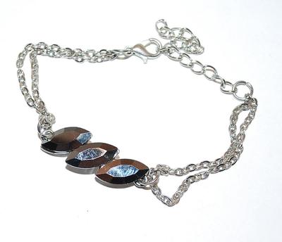 Triple Marquise Cut BLACK BEVELED Glass STONE BRACELET (3" Opening) and Lobster Clasp