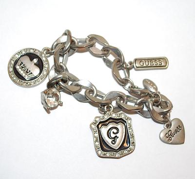 "GUESS" Brand Silver Tone BRACELET (3" Opening) with Solid Links, Assorted CHARMS and Lobster Clasp