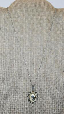 Vintage Oval Acrylic BLUE FLOWERS NECKLACE with Silver Tone Surround, Lobster Clasp and Necklace Chain 17" L